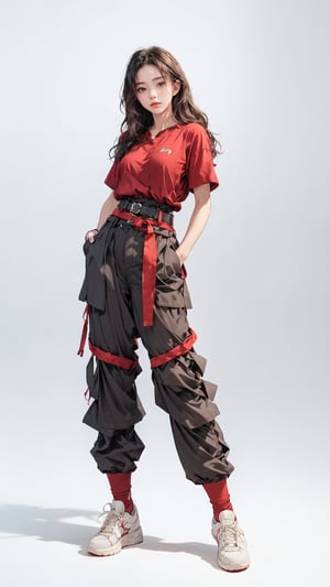 (masterpiece, realistic paper art), 1girl, solo, black long hair, (((red shirt))), (((red long layered Heram pants))), (((red waist obi belt))), red socks, red sneakers, Confidence and pride,1 girl ,beauty,Young beauty spirit, realistic, ultra detailed, photo shoot, flat_background