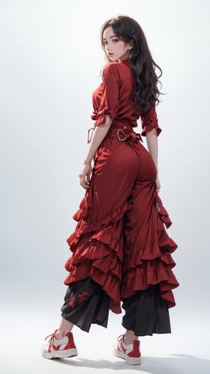 (masterpiece, realistic paper art), 1girl, solo, black long hair, (((red shirt))), (((red long layered Palazzo pants))), (((red waist obi belt))), red socks, red sneakers, Confidence and pride,1 girl ,beauty,Young beauty spirit, realistic, ultra detailed, photo shoot, flat_background,back looking