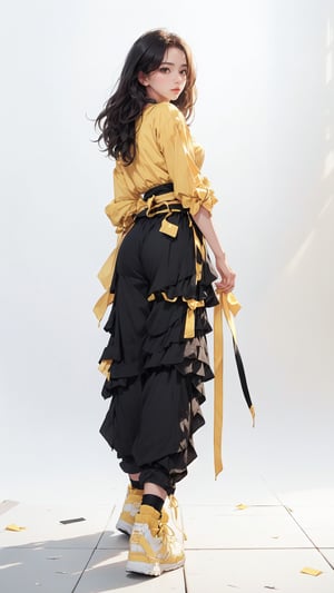 (masterpiece, realistic paper art), 1girl, solo, black long hair, (((yellow shirt))), (((black long layered Heram pants))), (((red waist obi belt))), yellow socks, yellow sneakers, Confidence and pride,1 girl ,beauty,Young beauty spirit, realistic, ultra detailed, photo shoot,(brilliant composition),white_background,looking back