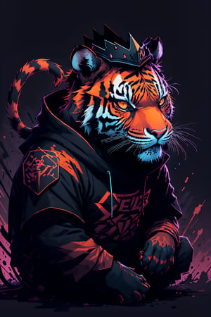 vector style, solo, looking at viewer, horror background, sitting, no humans, a cute Tiger, animal, beautiful, visually stunning, elegant, incredible details, award-winning painting, high contrast, vector art, line art, splatter, flat color, color merge gradient, , (dark black theme:1.2), (white neon color), glowing,red neon, crown, serious, red,tshee00d,white color