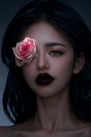RAW photo,(dramatic light vibe), cinematic film still fashion photography portrait of 1girl with neutral face, black rose over her eye, lots of flowers on her around, grainy, flawless hairs, (minimalist abstraction), (subtle gradient backdrop), (tranquil yet evocative), (conceptual portraiture), (play on perception), (surreal calm), (visual metaphor), unfolds with haunting beauty, enveloped in a moody and melancholic atmosphere (thoughts materializing), (play on perception),, dramatic shadows, cinematic lights, insane details, (masterpiece, high quality, 8K, high_res), beautiful composition, (cinematic lights), (finely detailed face), (close eyes), epic, masterpiece,eyes_closed (brilliant composition),FlowerOverEye,black rose,midjourney
