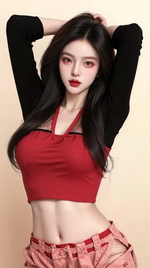  A beautiful teen girl with a skinny body, (dreadlocks hair) , she is wearing a (red designed fishnet top) and (black designed Harem Pants), fashion style clothing. Her toned body suggests her great strength, awesome posing.,Sohwa, white wall background,medium shot,Detailedface