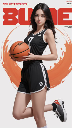 Against a warm, red background, a stunning young woman with long black hair and confident gaze proudly holds a basketball in one hand. She wears a sleek black top, bold white shorts, and matching socks that add a pop of color to her overall look. Her bright red sneakers seem to radiate energy and enthusiasm. The ultra-realistic paper art masterpiece captures the subject's beauty and youthful spirit with meticulous detail, as if plucked straight from a basketball magazine cover or poster.,((magazine cover background)),magazine cover 