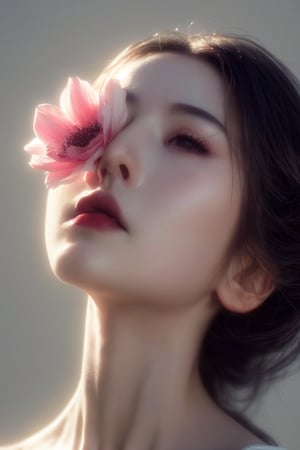 RAW photo,(dramatic light vibe), cinematic film still fashion photography portrait of 1girl with neutral face, colorful flowers over eye and her around, grainy, flawless hairs, (minimalist abstraction), (subtle gradient backdrop), (tranquil yet evocative), (conceptual portraiture), (play on perception), (surreal calm), (visual metaphor), unfolds with haunting beauty, enveloped in a moody and melancholic atmosphere (thoughts materializing), (play on perception),, dramatic shadows, cinematic lights, insane details, (masterpiece, high quality, 8K, high_res), beautiful composition, (cinematic lights), (finely detailed face), (close eyes), epic, masterpiece,eyes_closed (brilliant composition),FlowerOverEye