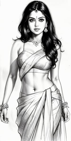 Pencil sketch, a pencil sketch drawing of cute women, indian saree outfit, dynamic posing, Art, black and white sketch, on white art paper, realistic sketch, ultra real sketch, pencil stroke sketch, pencil stroke shadow, perfect real light on paper, xyzsanart01,iinksketch,monochrome, upper_body,Outline,sketch,drawing,2D,Sketch,Saree