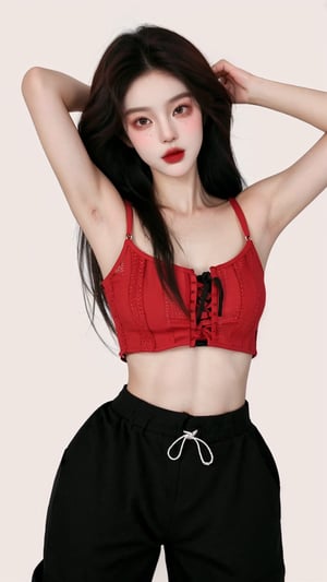  A beautiful teen girl with a skinny body, (dreadlocks hair) , she is wearing a (red designed fishnet top) and (black designed Harem Pants), fashion style clothing. Her toned body suggests her great strength, awesome posing.,Sohwa, white wall background,medium shot,Detailedface