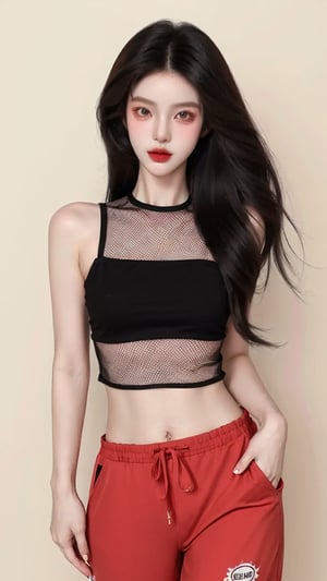  A beautiful teen girl with a skinny body, (dreadlocks hair) , she is wearing a (red designed fishnet top) and (black designed Harem Pants), fashion style clothing. Her toned body suggests her great strength, awesome posing.,Sohwa, white wall background,medium shot,Detailedface