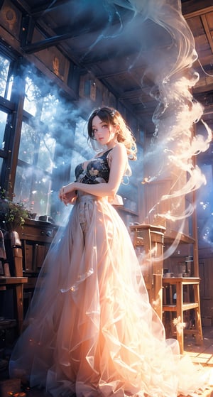 (super detailed), (beautiful background, detailed background),The image features a woman standing in the woods, wearing a black top and holding a large amount of blue smoke. She appears to be dancing or posing with the smoke, creating an artistic and captivating effect. The smoke is billowing out of a large circle, which adds to the visual impact of the scene. The woman's outfit and the smoke create a unique and intriguing atmosphere, drawing the viewer's attention to her presence in the woods.,  light, (((front light,front lighting ))),perfect light,dream like