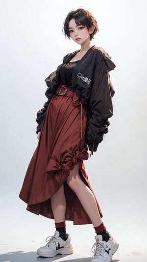 (masterpiece, realistic paper art), 1girl, solo, black short hair, (((black oversized jacket))), (((brown long skirt))), (((red waist knot belt))), red socks, sneakers, Confidence and pride,1 girl ,beauty,Young beauty spirit, realistic, ultra detailed, photo shoot, chromatic_background