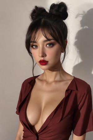 1girl, solo, looking at viewer, dark cinematic background, black hair, white background, cowboy shot, hair bang, red shirt, front open, clevage, single hair bun, red lips, open shirt, dark theme