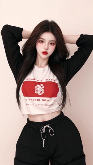  A beautiful teen girl with a skinny body, (dreadlocks hair) , she is wearing a (red designed fishnet shirt) and (black designed Harem Pants), fashion style clothing. Her toned body suggests her great strength, awesome posing.,Sohwa, white wall background,medium shot,Detailedface