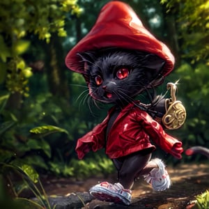 masterpiece, best quality, ultra-detailed, HDR, absudres:1.3, depth of field:1.1, blurry background,

Cat, chibi, cute, full body, walking, red eyes, (:3), black jacket,

forest, 