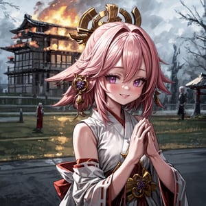 masterpiece, best quality, ultra-detailed, HDR, absudres:1.3, depth of field:1.1, blurry background,

1girl, yae miko, purple eyes, sweet smile, fire, smile, outdoors, IncrsDisasterGirlMeme, (old japanese palace), (own hands together)