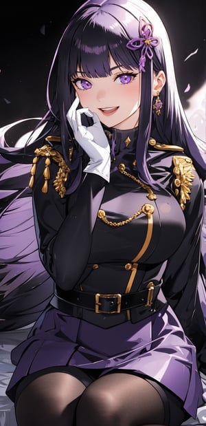 1girl, arrogant,solo, long hair, breasts, looking at viewer, smile, open mouth, bangs, skirt, black hair, hair ornament, gloves, sitting, purple eyes, purple hair, pantyhose, white gloves, cape, black pantyhose, crossed legs, epaulettes, uniform, YamashiroRen