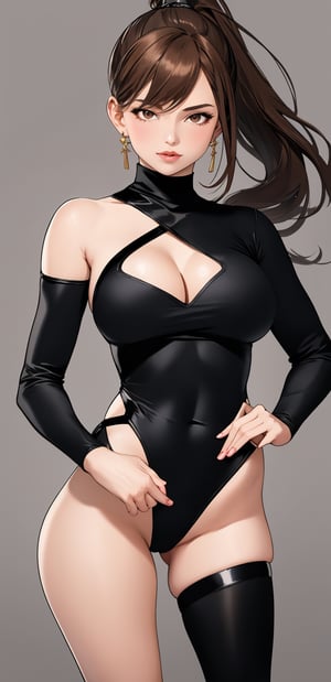 1girl, solo, breasts, brown hair, cleavage, brown eyes, medium breasts, standing, ponytail, leotard, lips, hand on hip, sleeves past wrists, looking to the side, clothing cutout, turtleneck, highleg, cleavage cutout, highleg leotard, meme attire, realistic