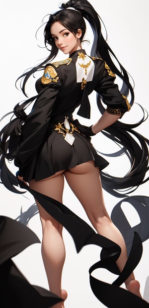 1girl, solo, long hair, smile, simple background, black hair, white background, brown eyes, standing, full body, ponytail, ass, barefoot, looking back, feet, hand on hip, back, realistic