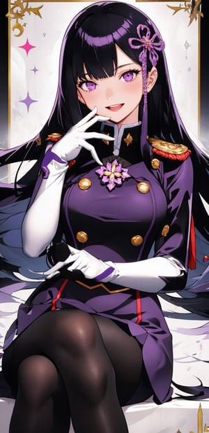 1girl, solo, long hair, breasts, looking at viewer, smile, open mouth, bangs, skirt, black hair, hair ornament, gloves, sitting, purple eyes, purple hair, pantyhose, white gloves, cape, black pantyhose, cover, crossed legs, cover page, epaulettes, manga cover,YamashiroRen