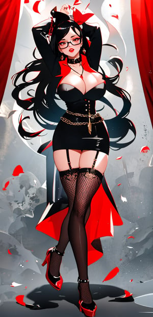 1girl, solo, long hair, breasts, looking at viewer, large breasts, black hair, thighhighs, long sleeves, dress, cleavage, jewelry, standing, full body, earrings, glasses, belt, black thighhighs, necklace, nail polish, high heels, arms up, see-through, makeup, shadow, garter straps, short dress, red dress, lipstick, red footwear, fishnets, red nails, red lips, lace-trimmed legwear, fishnet thighhighs