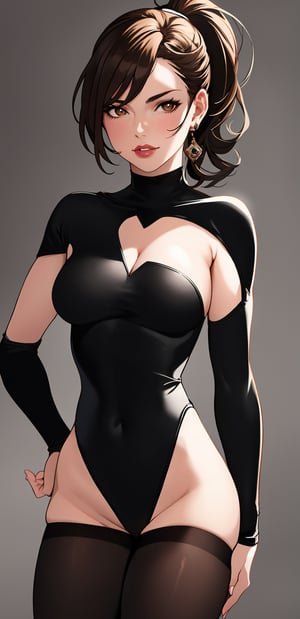 1girl, solo, breasts, brown hair, cleavage, brown eyes, medium breasts, standing, ponytail, leotard, lips, hand on hip, sleeves past wrists, looking to the side, clothing cutout, turtleneck, highleg, cleavage cutout, highleg leotard, meme attire, realistic