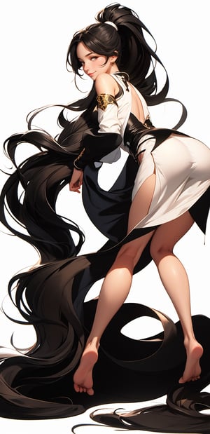 1girl, solo, long hair, smile, simple background, black hair, white background, brown eyes, standing, full body, ponytail, ass, barefoot, looking back, feet, hand on hip, back, realistic,simple_background 
