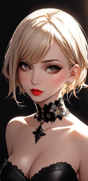 1girl, solo, looking at viewer, short hair, blonde hair, dress, bare shoulders, jewelry, upper body, parted lips, lips, grey eyes, eyelashes, makeup, black background, portrait, realistic, red lips, gold