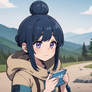 shima_rin_yurucamp, blue_hair, purple_eyes, closed_mouth, single_hair_bun, hair_bun