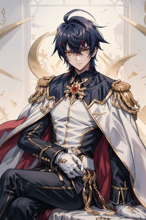 1boy, male focus, mature, male focus, 27 years old, solo, dark blue hair,blonde eyes,bang,tight clothes, gentle, soft,cape, military cape,closed mouth,ahoge, sleeves, sleeves shirt, gloves,detached sleeves,gold trim,black suit, red and white jacket,swept bangs,black gloves, best quality, anime, better quality, normal hands, normal fingers, better fingers, perfect hands,normal arms, two arms,jewelry,detail fingers,emotionless,anime_coloring, trousers,seated,legs crossed,head in half the shadow,shaded,kazuyaa