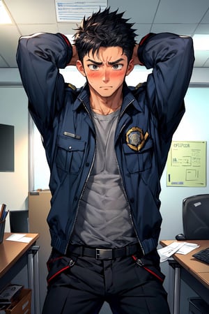 8 packs, male, boy, police uniform,blushing,freaked out, panicking, flurried, normal hands, normal arms, two arms, two hands, in an office, pretend he is working, solo, alone,VPL, different poses, open suit