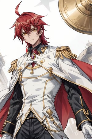 1boy, male focus, mature, male focus, 27 years old, solo, red hair,blonde eyes,bang,tight clothes, gentle, soft,cape, military cape,closed mouth,ahoge, sleeves, sleeves shirt, gloves,detached sleeves,gold trim,white suit, red and white jacket,swept bangs,black gloves, best quality, anime, better quality, normal hands, normal fingers, better fingers, perfect hands,normal arms, two arms,jewelry,detail fingers,emotionless,anime_coloring, trousers,