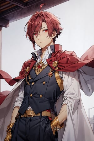 1boy, male focus, mature, male focus, 27 years old, solo, red hair,red eyes,bang,tight clothes, gentle, soft,cape, military cape,closed mouth,ahoge, sleeves, sleeves shirt, gloves,detached sleeves,gold trim,  suit, red and black jacket,swept bangs,black gloves, best quality, anime, better quality, normal hands, normal fingers, better fingers, perfect hands,normal arms, two arms,jewelry,detail fingers,emotionless,anime_coloring, trousers,akane_yanagi