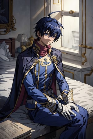 1boy, male focus, mature, male focus, 27 years old, solo, blue hair,aqua eyes,bang,tight clothes, gentle, soft,cape, military cape,closed mouth,ahoge, sleeves, sleeves shirt, gloves,detached sleeves,gold trim, dark blue and white suit, black and white jacket,swept bangs,black gloves, best quality, anime, better quality, normal hands, normal fingers, better fingers, perfect hands,normal arms, two arms,jewelry,detail fingers,emotionless,anime_coloring, trousers,seated,legs crossed,wave,shaded