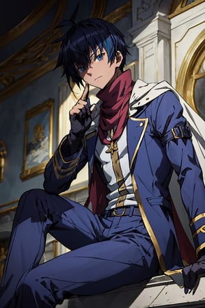 1boy, male focus, mature, male focus, 27 years old, solo, blue hair,aqua eyes,bang,tight clothes, gentle, soft,cape, military cape,closed mouth,ahoge, sleeves, sleeves shirt, gloves,detached sleeves,gold trim, dark blue and white suit, black and white jacket,swept bangs,black gloves, best quality, anime, better quality, normal hands, normal fingers, better fingers, perfect hands,normal arms, two arms,jewelry,detail fingers,emotionless,anime_coloring, trousers,seated,legs crossed,wave,head in half the shadow,shaded