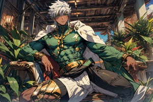 white hair, green eyes,1boy, teen, 18 years old, solo,alone,cape,open military uniform, open soldier uniform,masterpiece, best quality, masterpiece,best quality,official art,extremely detailed CG unity 8k wallpaper,male ,chubby,male focus, man erotic,trouser, vpl, depth of field,strong,clear facial features, muscles,abs,black socks, ,anime_coloring,solo,VPL,huge breasts, better eyes detail,hairy body,black socks,soles of feet, posterior,two arms, normal legs,ultra detailed, best quality, two legs, normal legs,two feet,good anatomy,normal thigh, thin thigh, two feet, good body anatomy,seperated feet,leaning back,male,emotionless,legs straight,Male focus,midjourney,Muscular,Hard Gay focus,1boy ,big breasts,better feet,best quality,Muscular ,bara,sharrkan_amun-ra
