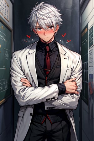 8 packs, male, boy, school_uniforms,blushing,freaked out, panicking, flurried, normal hands, normal arms, two arms, two hands, solo, alone,VPL, different poses, open suit,hands on side,normal fingers,  school background,white hair,perfecteyes