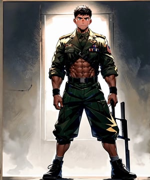 In the military barrack, a young soldier stands with unwavering determination, wearing only a military boot and his uniform jacket. His strong and muscular physique is on display, as he stands tall and proud. White calf socks cover his toes, a small touch of comfort amidst the intensity of the battlefield. The barrack environment is rugged and utilitarian, with camouflage nets and equipment strewn about. Dimly lit, with a hint of tension in the air, the scene reflects the anticipation of the upcoming battle. The mood is resolute and focused, as the soldier mentally prepares himself for the challenges ahead. His body glistens with sweat, a testament to his physical and mental readiness. The atmosphere is charged with a sense of camaraderie and shared purpose among his fellow soldiers.
.Bright backgorund, solo, alone, two arms, two hands, normal hands and arms, two legs, normal anatomy, best body anatomy, normal, 8k poster, best quality, best composition,midjourney, better hands and fingers, seperated fingers, better feet,seperated feet, full body,naked body,  abs exposed, emotionless, full image, full background,white socks, calf socks, shoes off, pure white socks, calf socks,1male, two arms, ,better face, better background, shoes off