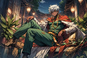white hair, green eyes,1boy, teen, 18 years old, solo,alone,cape,open military uniform, open soldier uniform,masterpiece, best quality, masterpiece,best quality,official art,extremely detailed CG unity 8k wallpaper,male ,chubby,male focus, man erotic,trouser, vpl, depth of field,strong,clear facial features, muscles,abs,black socks, ,anime_coloring,solo,VPL,huge breasts, better eyes detail,hairy body,black socks,soles of feet, posterior,two arms, normal legs,ultra detailed, best quality, two legs, normal legs,two feet,good anatomy,normal thigh, thin thigh, two feet, good body anatomy,seperated feet,leaning back,male,emotionless,legs straight,Male focus,midjourney,Muscular,Hard Gay focus,1boy ,big breasts,better feet,best quality,Muscular ,bara,sharrkan_amun-ra
