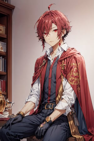1boy, male focus, mature, male focus, 27 years old, solo, red hair,red eyes,bang,tight clothes, gentle, soft,cape, military cape,closed mouth,ahoge, sleeves, sleeves shirt, gloves,detached sleeves,gold trim,  suit, red and black jacket,swept bangs,black gloves, best quality, anime, better quality, normal hands, normal fingers, better fingers, perfect hands,normal arms, two arms,jewelry,detail fingers,emotionless,anime_coloring, trousers,akane_yanagi,seated,
