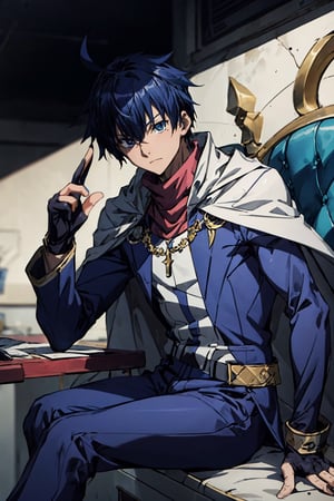 1boy, male focus, mature, male focus, 27 years old, solo, blue hair,aqua eyes,bang,tight clothes, gentle, soft,cape, military cape,closed mouth,ahoge, sleeves, sleeves shirt, gloves,detached sleeves,gold trim, dark blue suit, black and white jacket,swept bangs,black gloves, best quality, anime, better quality, normal hands, normal fingers, better fingers, perfect hands,normal arms, two arms,jewelry,detail fingers,emotionless,anime_coloring, trousers,seated,legs crossed,wave