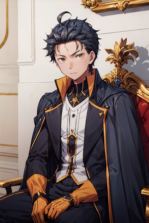 1boy, male focus, mature, male focus, 18 years old, solo, dark blue hair,blonde eyes,bang,tight clothes, gentle, soft,cape, military cape,closed mouth,ahoge, sleeves, sleeves shirt, gloves,detached sleeves,gold trim,  suit, brown and black jacket,swept bangs,black gloves, best quality, anime, better quality, normal hands, normal fingers, better fingers, perfect hands,normal arms, two arms,jewelry,detail fingers,emotionless,anime_coloring, trousers,subaru_natsuki,black hair,seated, seating against a wall,head in half the shadow,shaded,