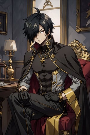 1boy, male focus, mature, male focus, 27 years old, solo,balck hair,black eyes,bang,tight clothes, gentle, soft,cape, military cape,closed mouth,ahoge, sleeves, sleeves shirt, gloves,detached sleeves,gold trim,  suit, brown and black jacket,swept bangs,black gloves, best quality, anime, better quality, normal hands, normal fingers, better fingers, perfect hands,normal arms, two arms,jewelry,detail fingers,emotionless,anime_coloring, trousers,seated,legs crossed,rogue_cheney,hair over one eye