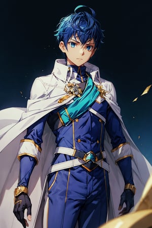 1boy, male focus, mature, male focus, 27 years old, solo, blue hair,aqua eyes,bang,tight clothes, gentle, soft,cape, military cape,closed mouth,ahoge, sleeves, sleeves shirt, gloves,detached sleeves,gold trim, dark blue suit, black and white jacket,swept bangs,black gloves, best quality, anime, better quality, normal hands, normal fingers, better fingers, perfect hands,normal arms, two arms,jewelry,detail fingers,emotionless,anime_coloring, trousers,chlain_zagan_analeit, 