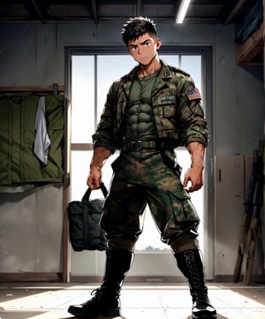 In the military barrack, a young soldier stands with unwavering determination, wearing only a military boot and his uniform jacket. His strong and muscular physique is on display, as he stands tall and proud. White calf socks cover his toes, a small touch of comfort amidst the intensity of the battlefield. The barrack environment is rugged and utilitarian, with camouflage nets and equipment strewn about. Dimly lit, with a hint of tension in the air, the scene reflects the anticipation of the upcoming battle. The mood is resolute and focused, as the soldier mentally prepares himself for the challenges ahead. His body glistens with sweat, a testament to his physical and mental readiness. The atmosphere is charged with a sense of camaraderie and shared purpose among his fellow soldiers.
.Bright backgorund, solo, alone, two arms, two hands, normal hands and arms, two legs, normal anatomy, best body anatomy, normal, 8k poster, best quality, best composition,midjourney, better hands and fingers, seperated fingers, better feet,seperated feet, full body,naked body,  abs exposed, emotionless, full image, full background,white socks, calf socks, shoes off, pure white socks, calf socks,1male, two arms, ,better face, better background, shoes off