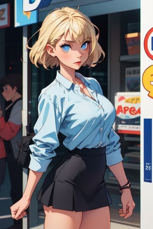 Comic of a beautiful woman with blonde hair and blue eyes wearing black tight skirt