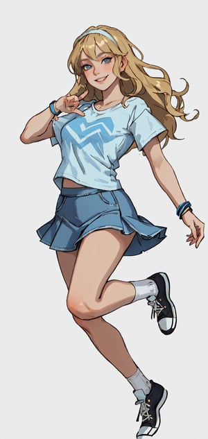Detailed portrait of woman with wavy blonde hair and hair band wearing tight white and light blue t-shirt and denim skirt and converse,smirking,body pose,white background,full body