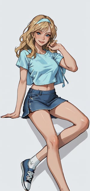 Detailed portrait of woman with wavy blonde hair and hair band wearing tight white and light blue top and denim skirt and converse,smirking,body pose,white background,full body