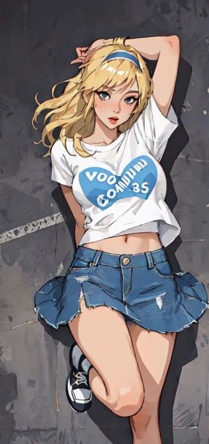 Portrait of woman with blonde hair with hair band wearing white and light blue t-shirt and denim skirt and converse, sexy pose 
