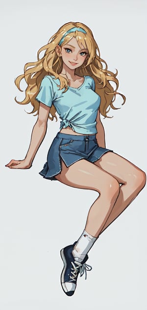 Detailed portrait of woman with wavy blonde hair and hair band wearing tight white and light blue top and denim skirt and converse,long white socks,smirking,body pose,white background,full body