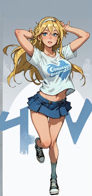 Detailed Portrait of woman with blonde hair with hair band wearing white and light blue t-shirt and denim skirt and converse, pose ,Lucy_Heartfilia
