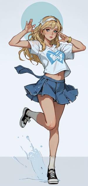 Detailed portrait of woman with medium long blonde hair and hair band wearing white and light blue t-shirt and denim skirt and converse,body pose,white background,full body