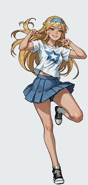 Detailed portrait of woman with medium long blonde hair and hair band wearing tight white and light blue t-shirt and denim skirt and converse,smirking,body pose,white background,full body